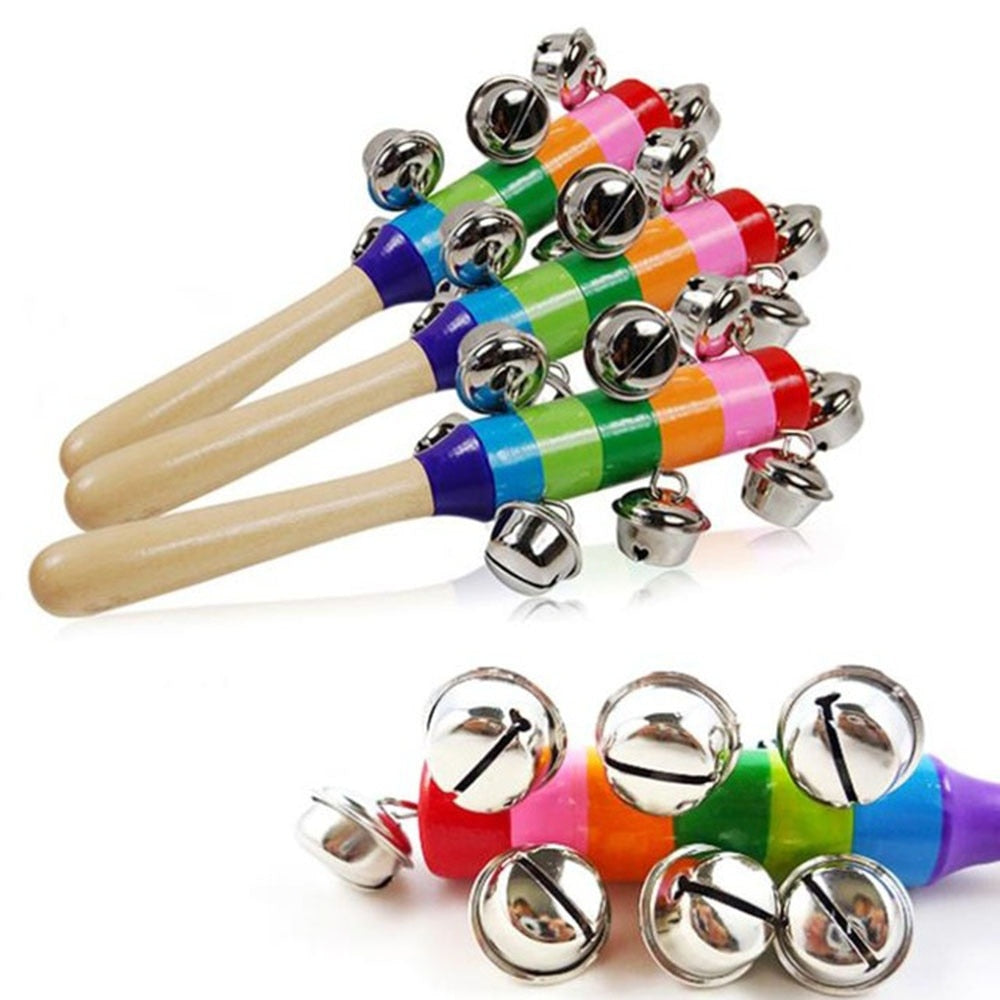 Newborn Infant 18CM Hand Holder Bells Baby Rattle Rainbow Wooden Baby Toy Shaker Bell Ring Toy Gift for Baby Boy Girl Christmas